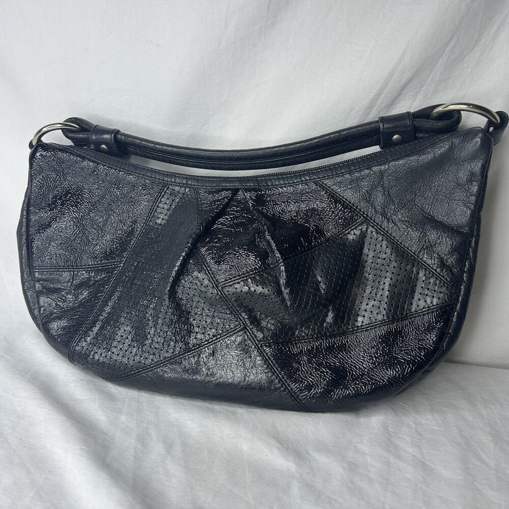 Vintage HOBO International Leather Patchwork Slouchy Shoulder Bag Black Textured